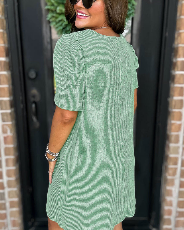 Blossom Corded Crew Neck Puff Sleeve Mini Dress