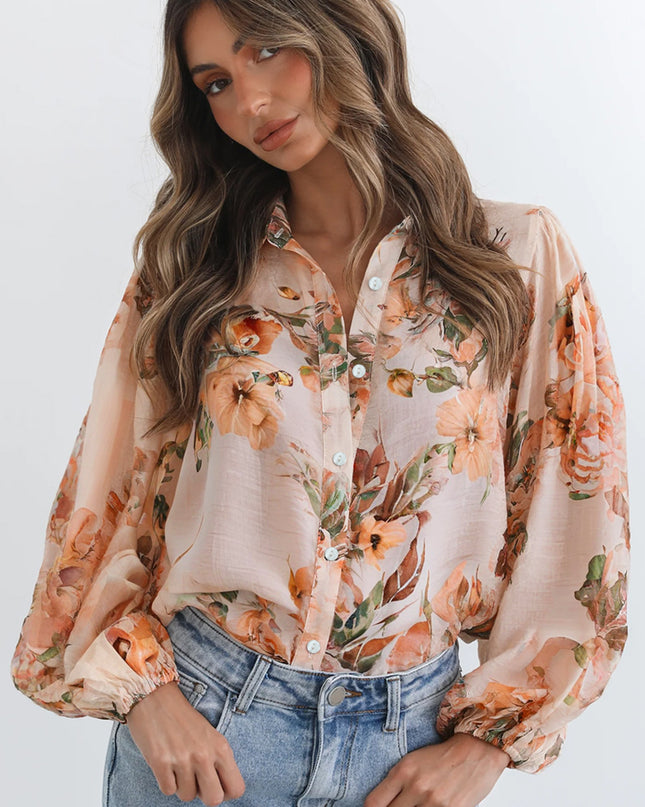 Orange Floral Puff Sleeve Lightweight Shirt