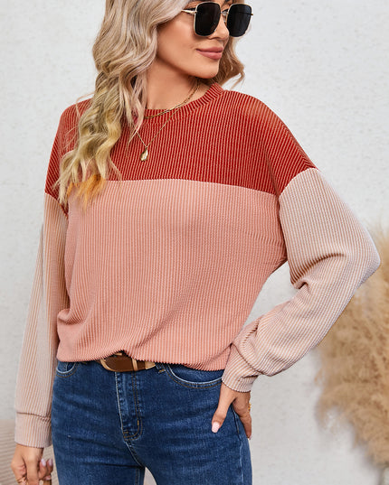 Multicolor Colorblock Ribbed Loose Long Sleeve Top