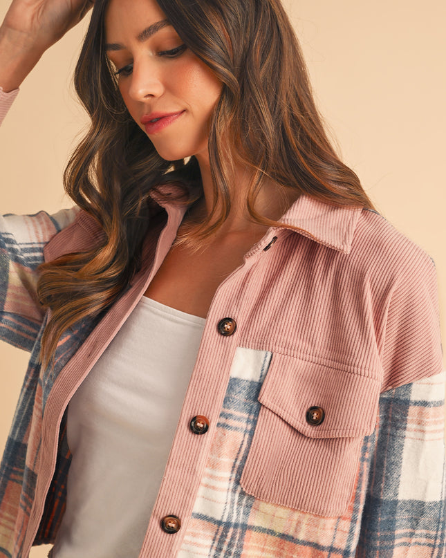 Cinnamon Plaid Corduroy Patchwork Pocket Loose Shacket