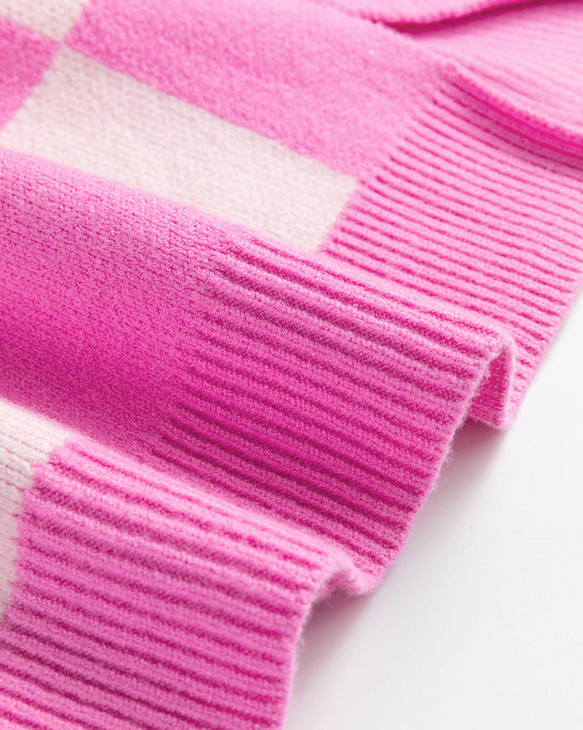 Pink Checkered Button Collared Sweater