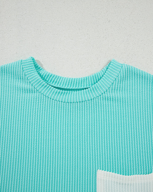 Dark Blue Corded Knit Color Block Pocketed Crew Neck T Shirt