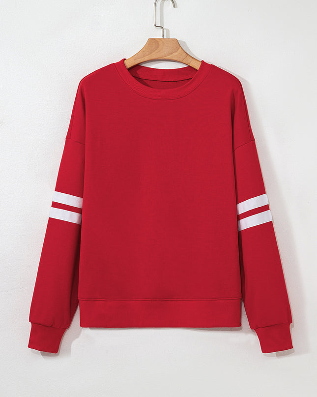 Fiery Red Preppy Striped Sleeve Loose Sweatshirt