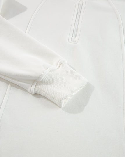 White Zipper Collared Drop Shoulder Plain Sweatshirt