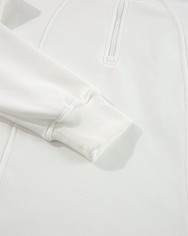 White Zipper Collared Drop Shoulder Plain Sweatshirt