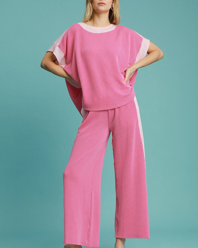 Sachet Pink Colorblock Patchwork Corded Pants Set