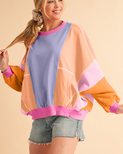 Grapefruit Orange Colorblock Patchwork Drop Shoulder Top