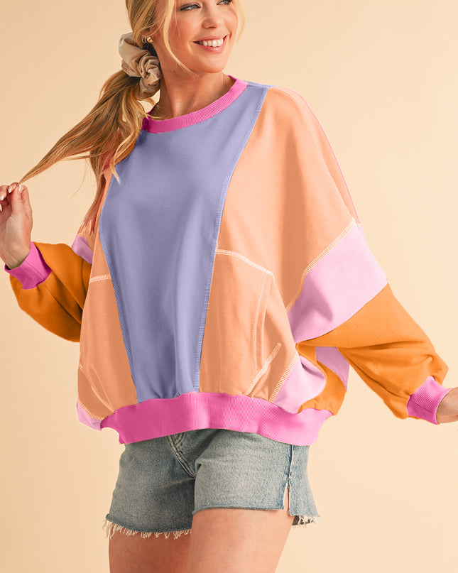 Grapefruit Orange Colorblock Patchwork Drop Shoulder Top