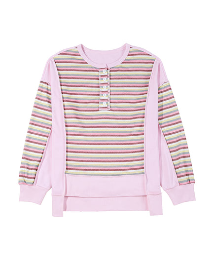 Pink Striped Patchwork Button V Neck Pullover Sweatshirt
