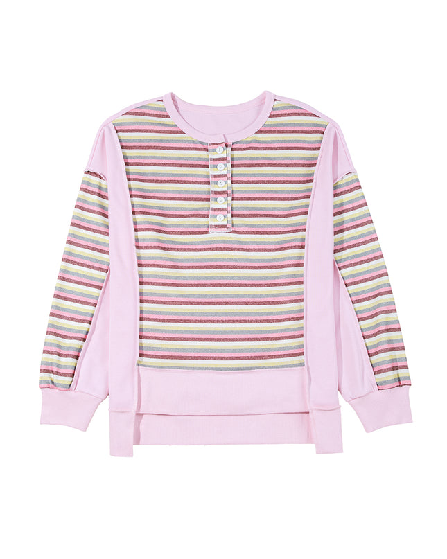Pink Striped Patchwork Button V Neck Pullover Sweatshirt