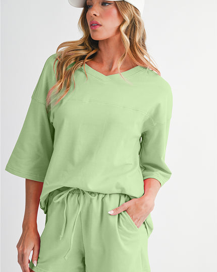 Bonbon Loose V Neck Tee and Drawstring Shorts Set