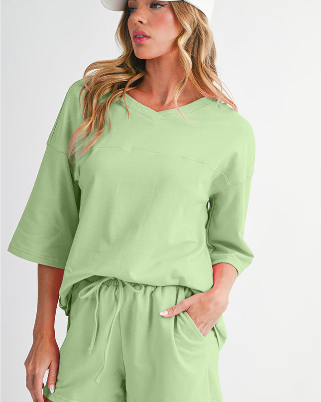 Bonbon Loose V Neck Tee and Drawstring Shorts Set