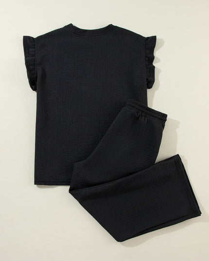 Black Textured Ruffle Summer Top and Drawstring Pants Set