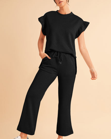 Black Textured Ruffle Summer Top and Drawstring Pants Set
