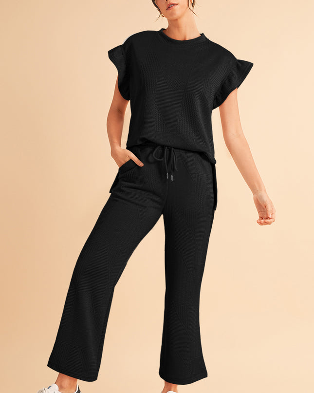 Black Textured Ruffle Summer Top and Drawstring Pants Set