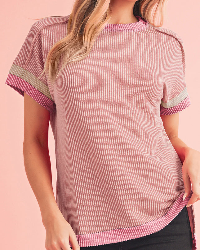 Rose Red Textured Colorblock Round Neck T Shirt