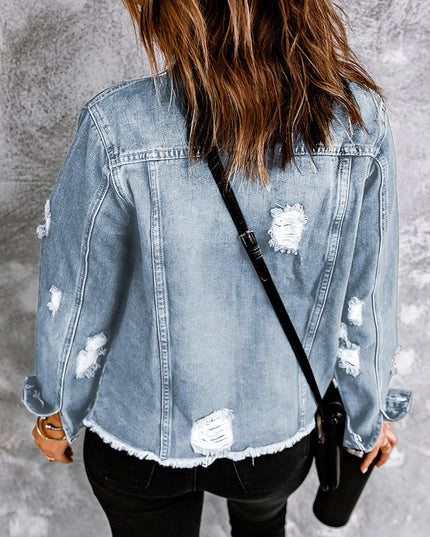 Light Blue Distressed Ripped Raw Hem Buttons Denim Jacket