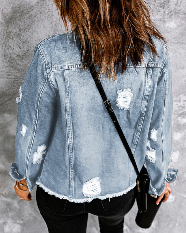 Light Blue Distressed Ripped Raw Hem Buttons Denim Jacket
