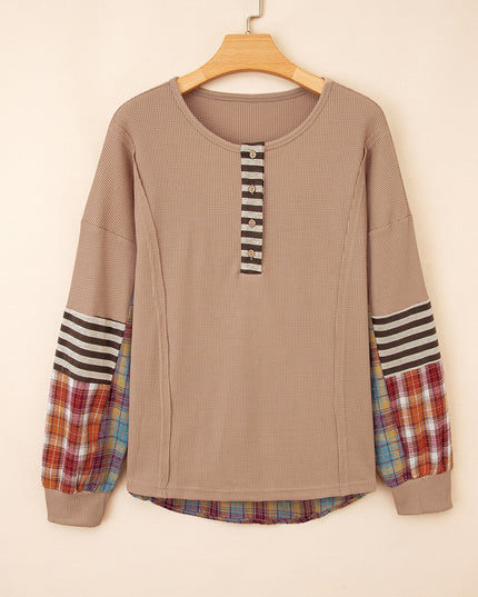 Straw Yellow Waffle Stripe Plaid Patchwork Henley Top