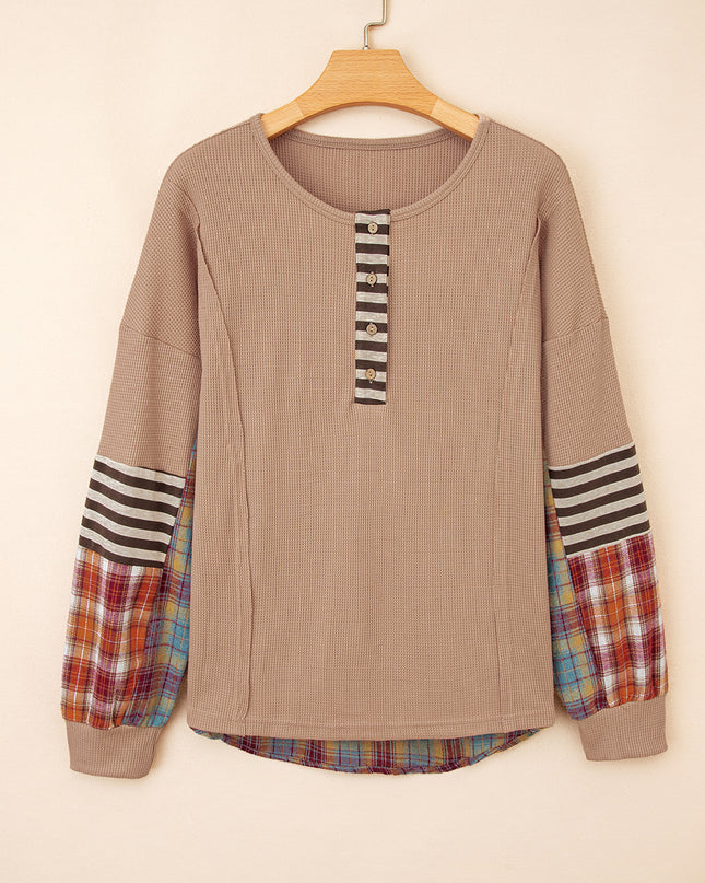 Straw Yellow Waffle Stripe Plaid Patchwork Henley Top