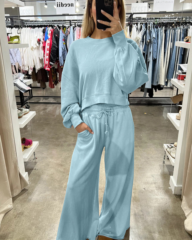 Mist Blue Wide-Leg Lounge Set | Drop Shoulder Crop Pullover & Drawstring Pants