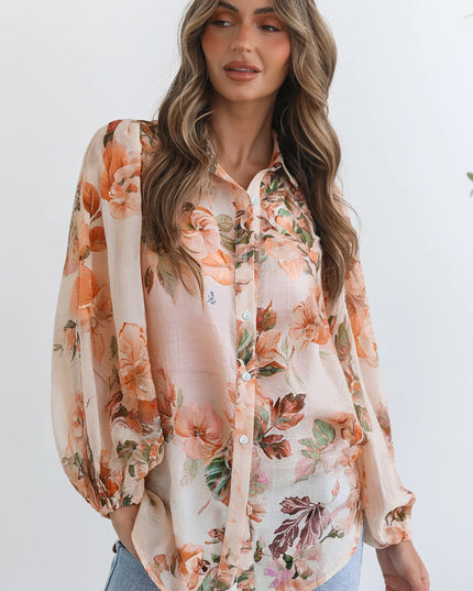 Orange Floral Puff Sleeve Lightweight Shirt