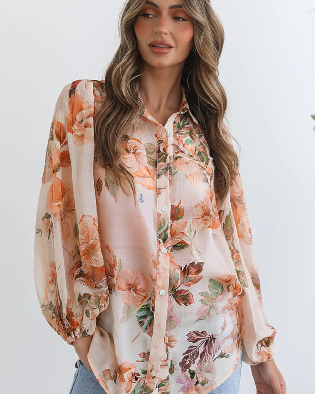 Orange Floral Puff Sleeve Lightweight Shirt