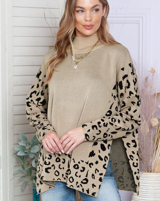 Khaki Leopard Casual Side Slit High Neck Oversized Sweater