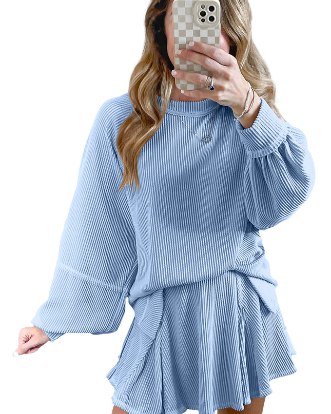 Jet Stream Lantern Sleeve Pullover & Ruffle Mini Skirt Set – Chic Two Piece Outfit