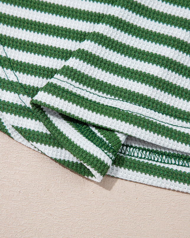 Green Striped Patchwork Knit Drop Shoulder Top
