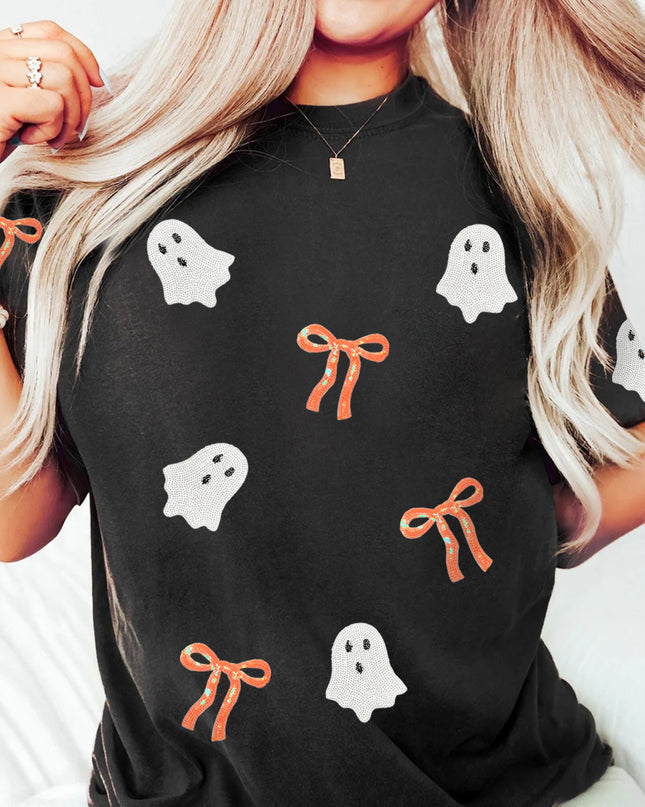 Black Sequin Bow Ghost Patched Halloween Graphic Tee