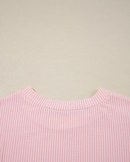 Dark Blue Corded Knit Color Block Pocketed Crew Neck T Shirt