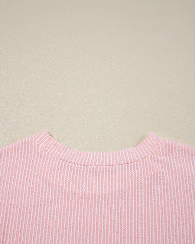 Dark Blue Corded Knit Color Block Pocketed Crew Neck T Shirt