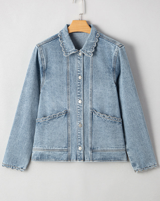 Myosotis Scallop Trim Collar Pocket Button Up Denim Jacket