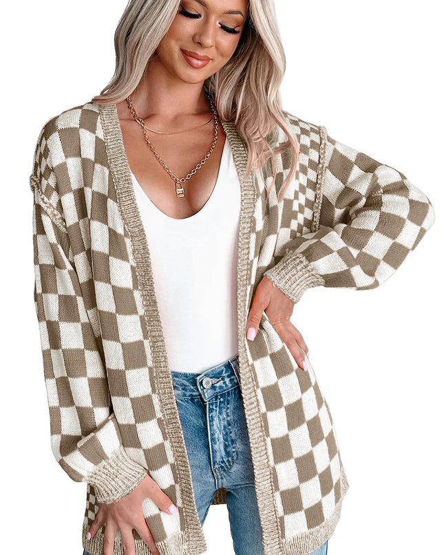 Orange Checkered Open Front Drop Shoulder Cardigan