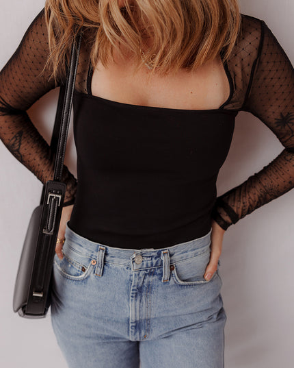 Black Polka Dot Mesh Long Sleeve Square Neck Bodysuit