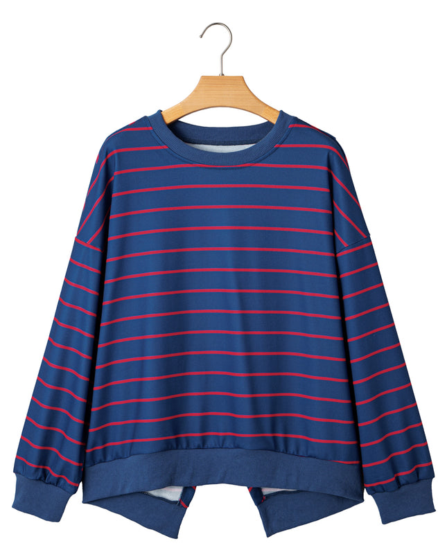 Blue Striped Overlap Detail Drop Shoulder Pullover Sweatshirt