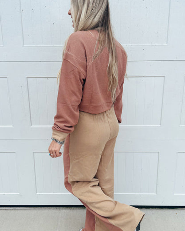 Khaki Color Block Long Sleeve Crop Top Drawstring Pant Set