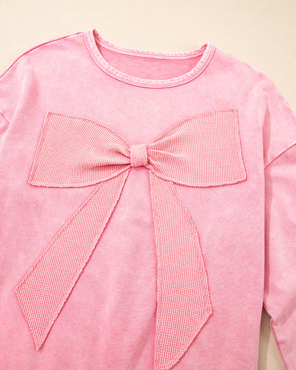 Bright Pink Mineral Wash Waffle Bow Patched Pullover Sweatshirt