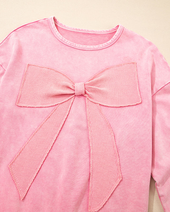 Bright Pink Mineral Wash Waffle Bow Patched Pullover Sweatshirt