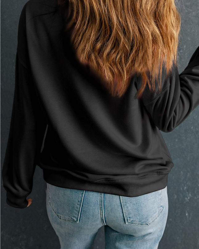 Black Rhinestone Checkered Halloween Ghost Drop Shoulder Sweatshirt