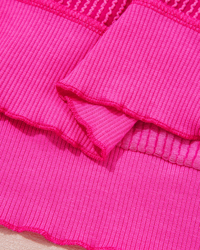 Strawberry Pink Twisted Ribbed Seamed Patchwork Long Sleeve Top