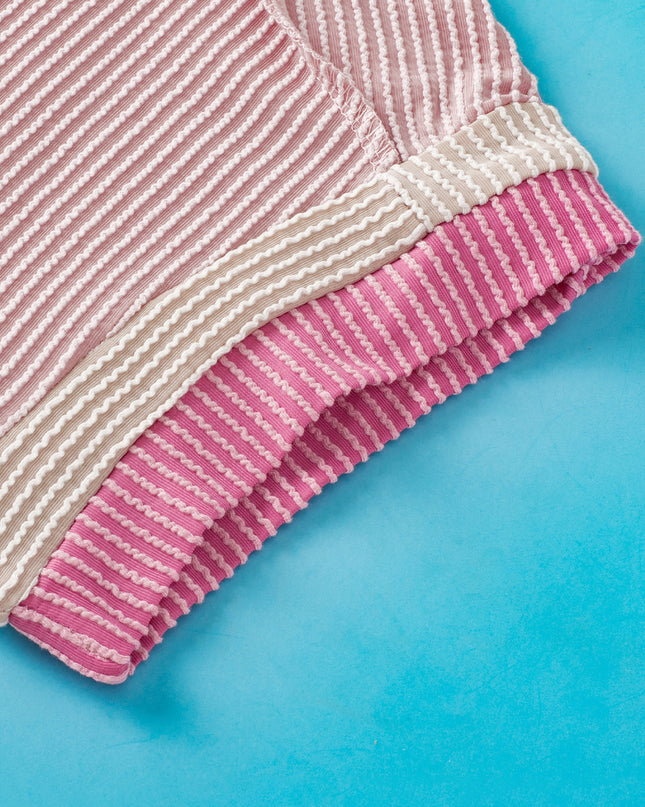 Rose Red Textured Colorblock Round Neck T Shirt