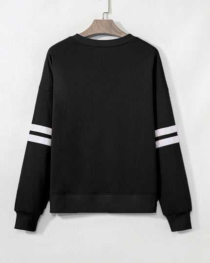 Fiery Red Preppy Striped Sleeve Loose Sweatshirt