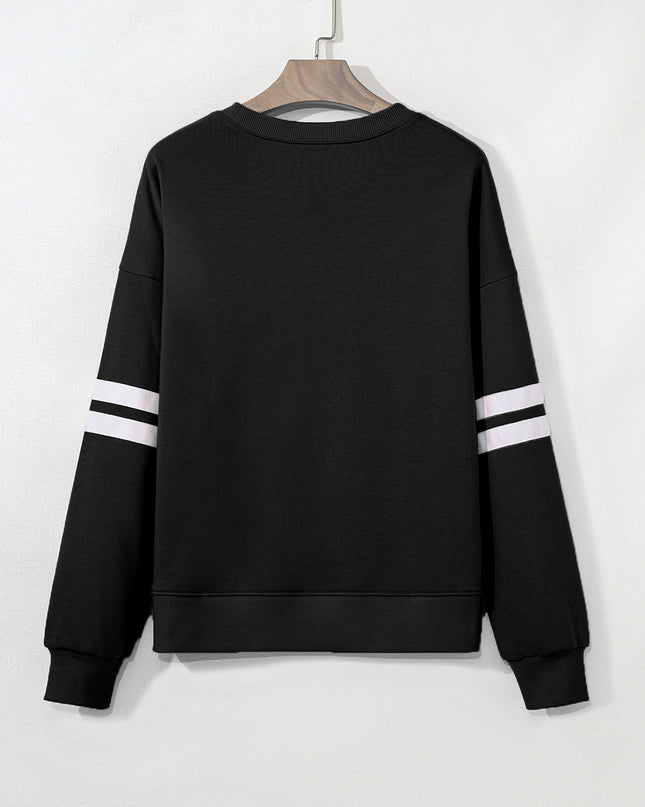 Fiery Red Preppy Striped Sleeve Loose Sweatshirt