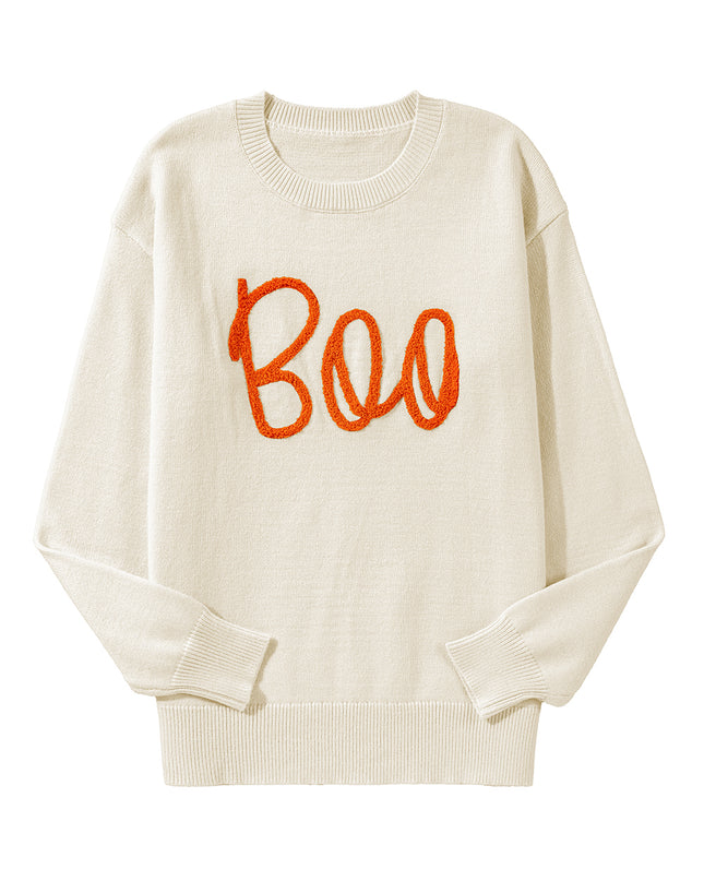 Apricot Halloween Boo Drop Shoulder Knit Sweater