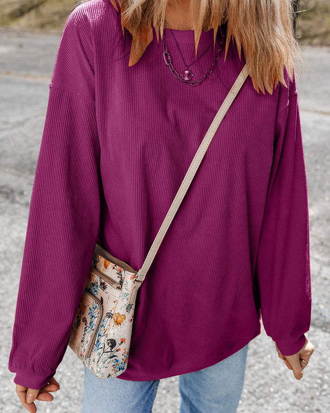 Red Plain Drop Sleeve Rib Knit Oversized Sweatshirt