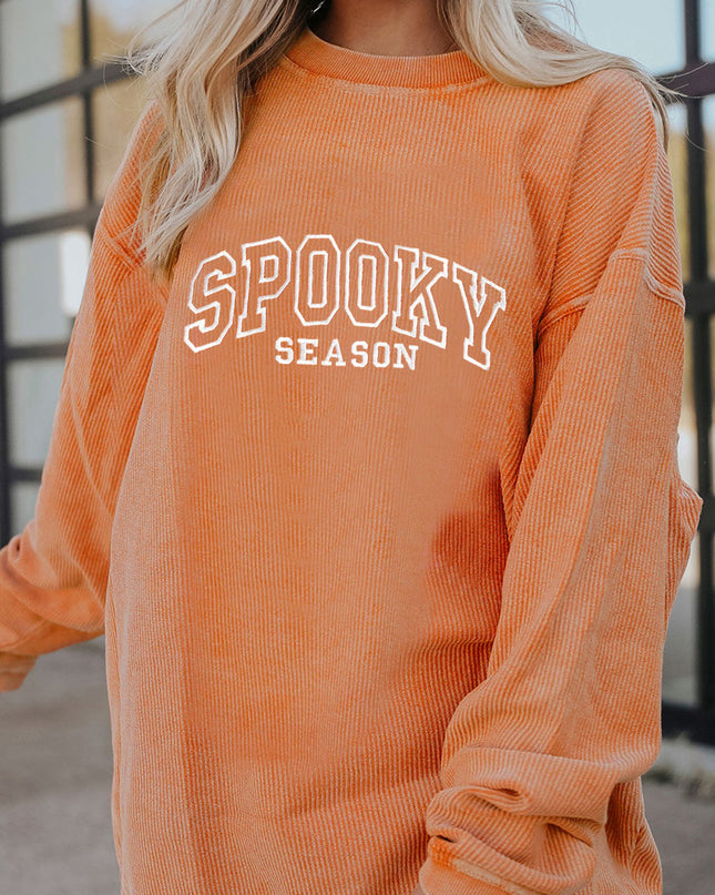 Orange SPOOKY SEASON Embroidered Letter Graphic Twisted Ribbed Sweatshirt