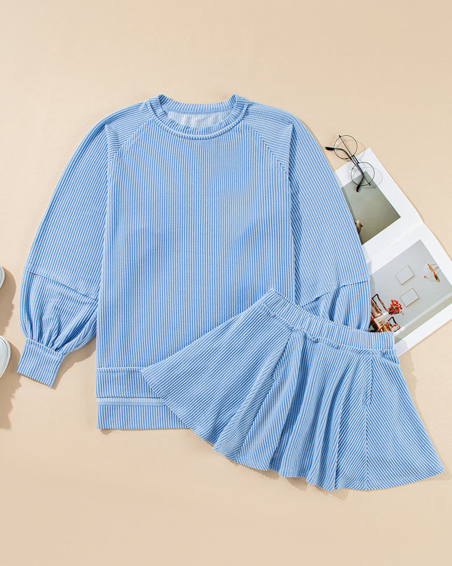 Jet Stream Lantern Sleeve Pullover & Ruffle Mini Skirt Set – Chic Two Piece Outfit
