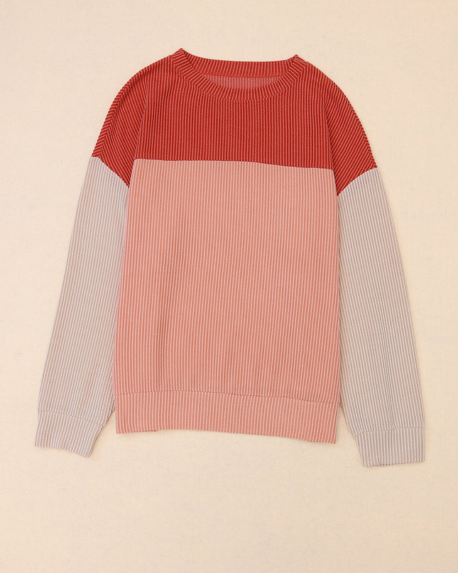 Multicolor Colorblock Ribbed Loose Long Sleeve Top